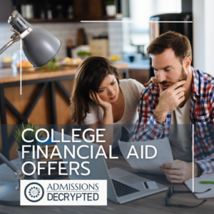 Man and woman look troubled as they consider a financial aid offer letter next to a computer. 
College Financial Aid Offers