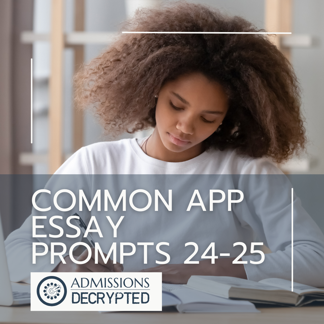 Girl with brown hair and a white shirt writing. Text reads: Common App Essay Prompts 24-25
