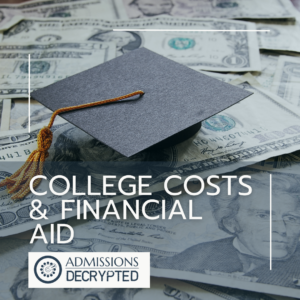 Graduation cap on a pile of US money. Text reads: College Costs and Financial Aid. Logo of Admissions Decrypted