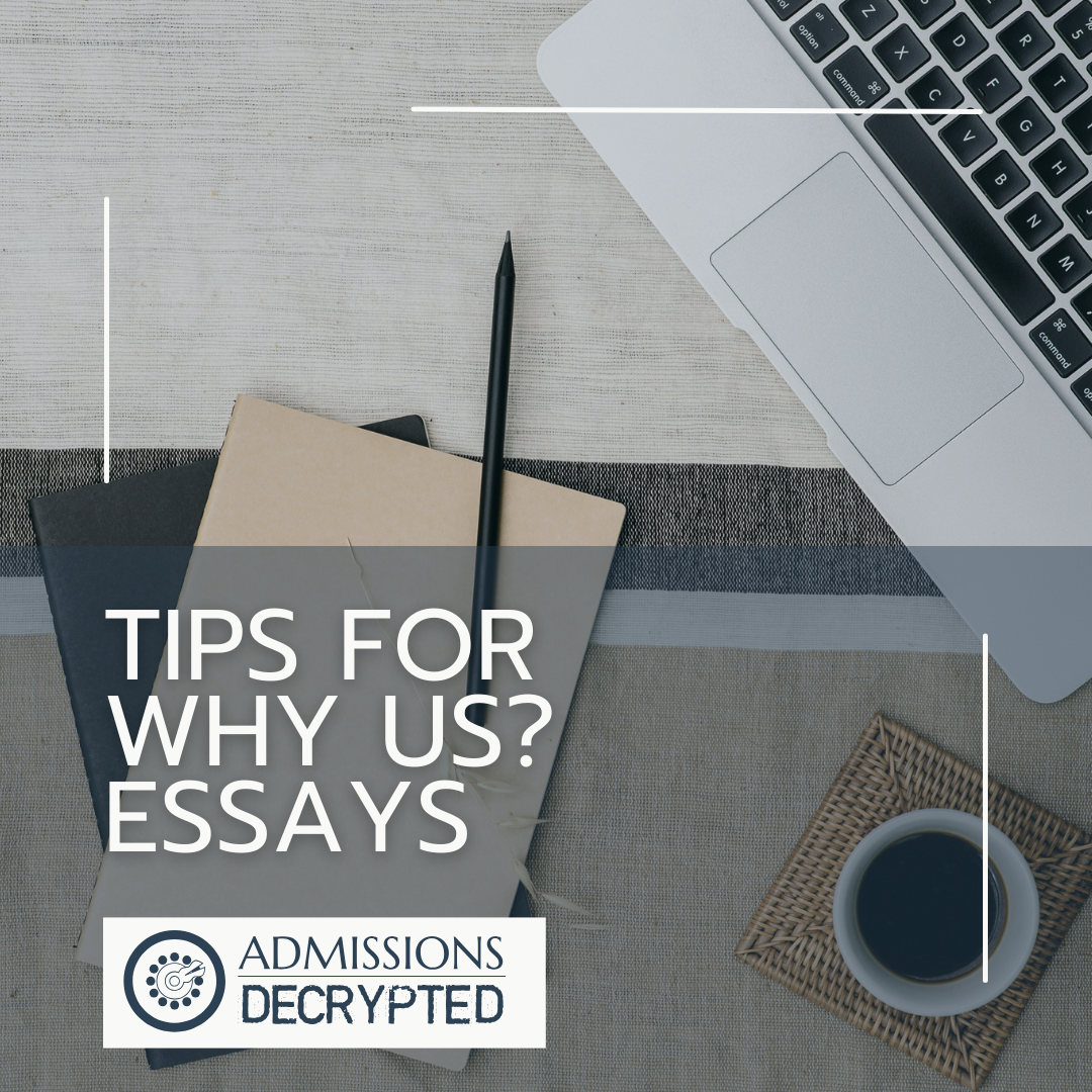 Tips for Why Us? Essays Background image of a laptop computer, writing journal, a pen, and a cup of coffee.