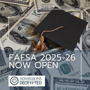 Graduation cap on a pile of $100 bills. FAFSA 2025-26 Now Open