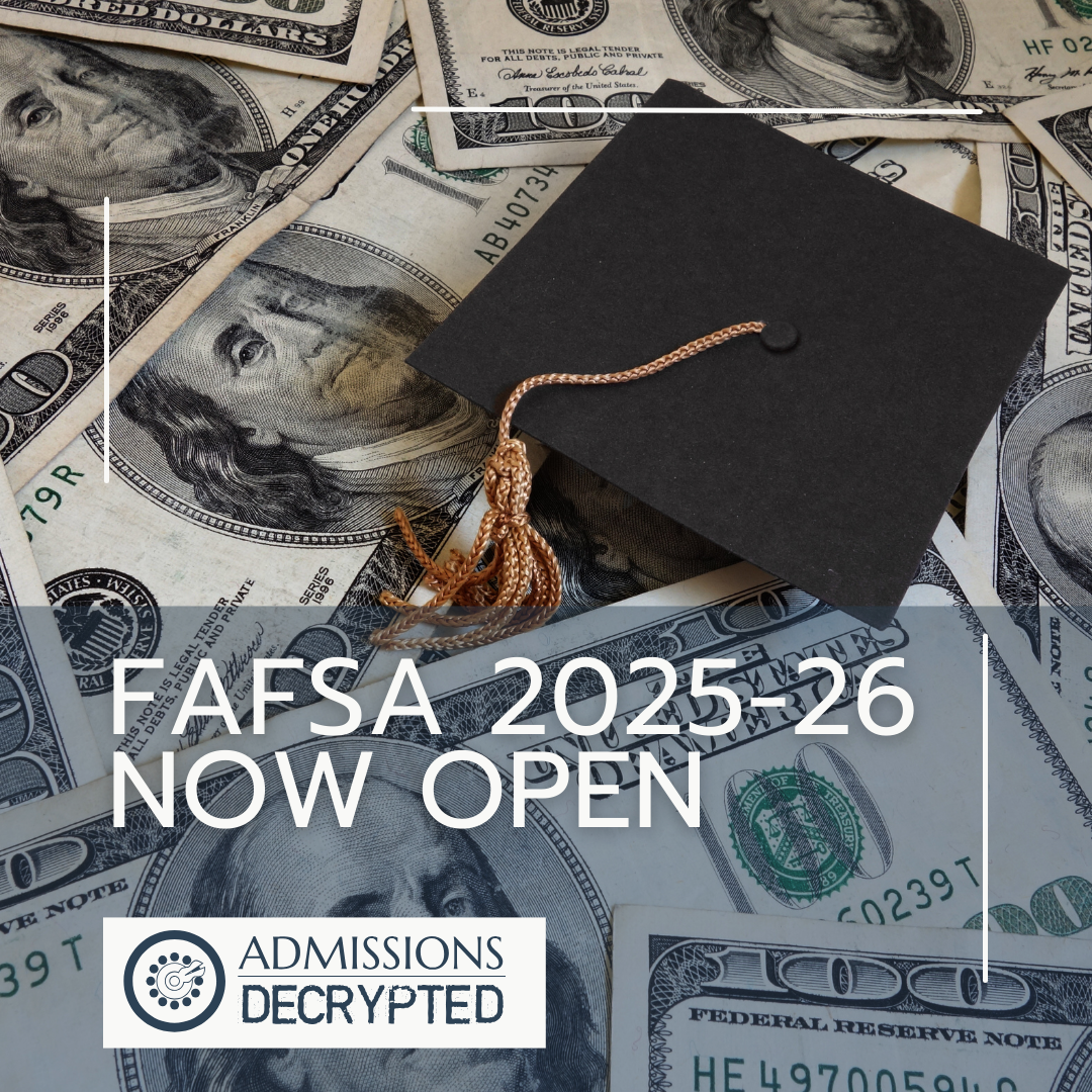 Graduation cap on a pile of $100 bills. FAFSA 2025-26 Now Open